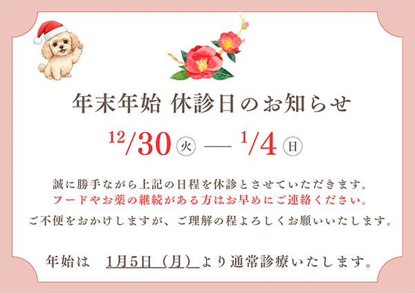 年末年始 休診日のお知らせ